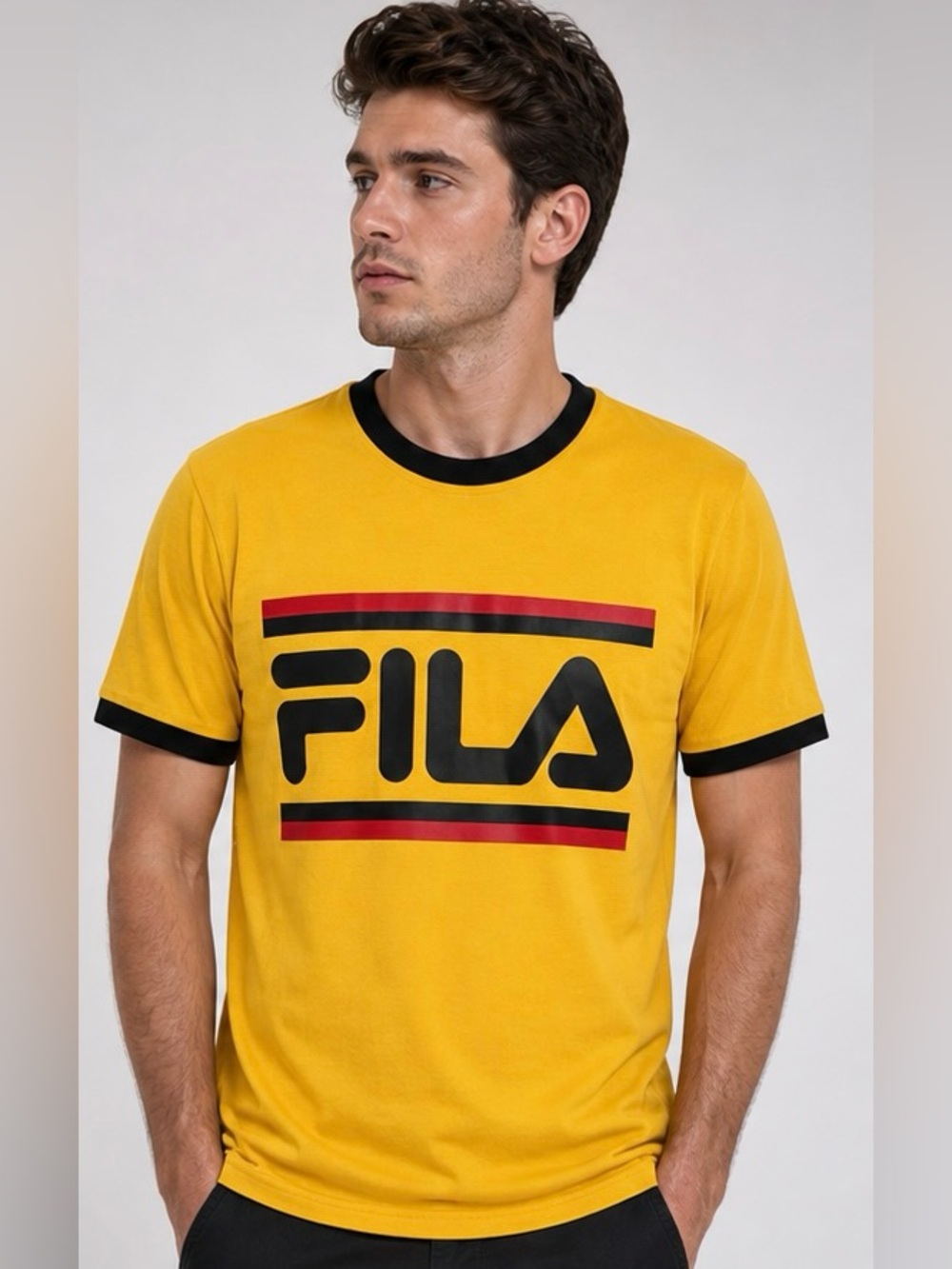 Fila Yellow Short Sleeve Logo Ringer Tee with Black and Red Accents
